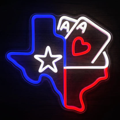 Texas Playing Cards LED neon sign with blue, red and white illumination, star, heart and playing cards on clear acrylic backing.
