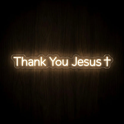 Thank You Jesus LED neon sign with warm white illumination and cross on precision-cut acrylic backing, Christian wall decor featuring a thankful faith message.