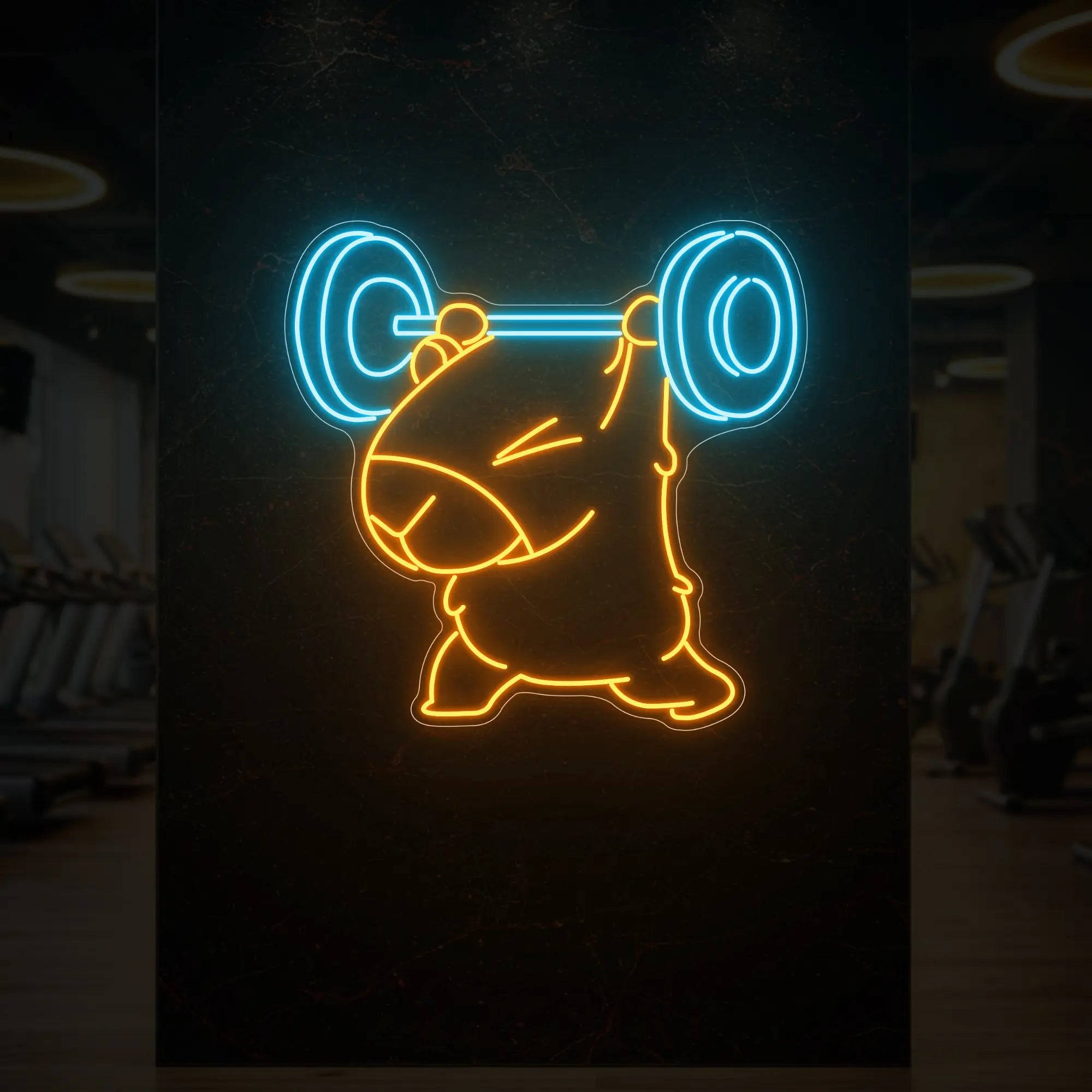 'The Lifting Capybara' neon sign glowing in ice blue and golden yellow against a styled interior wall.