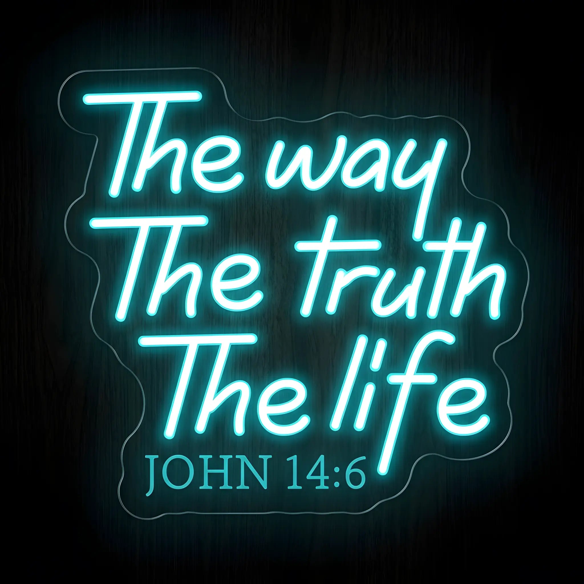 The Way The Truth The Life John 14:6 LED neon sign in aqua blue on clear acrylic backing for Christian Bible verse wall decor.