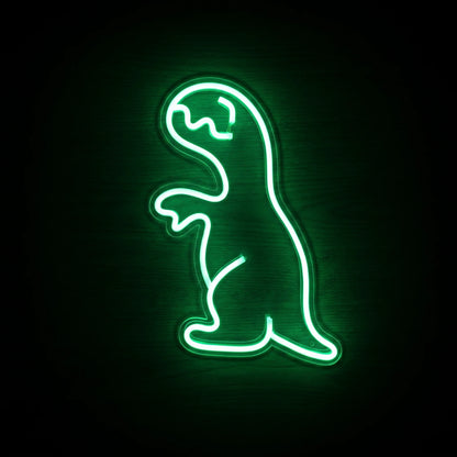 Tiny T-Rex LED Neon Sign featuring a bright green dinosaur outline on clear acrylic backing.