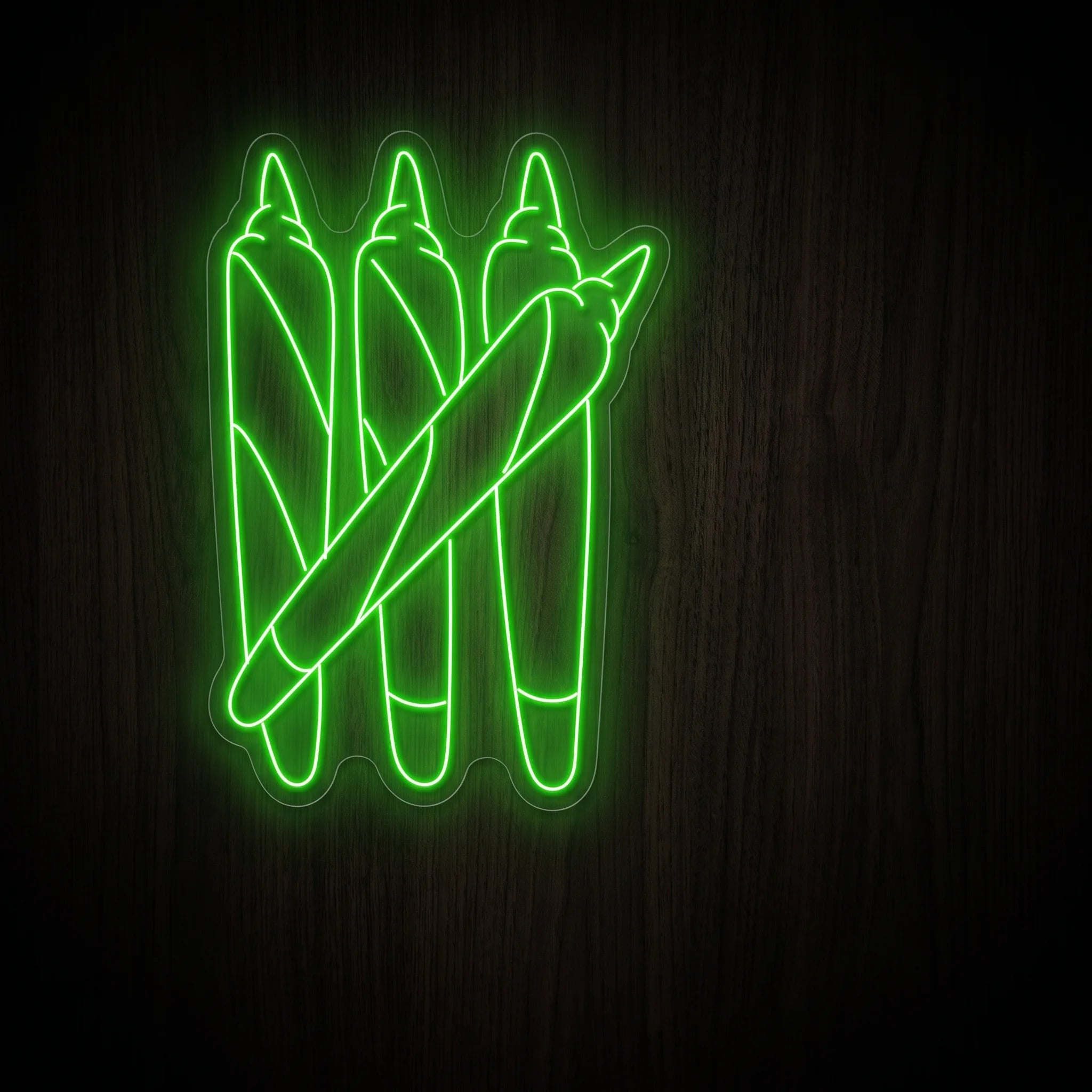 Triple Pre-Rolls LED neon sign featuring three stacked pre-rolls with a diagonal joint in bright green mounted on a precision-cut clear acrylic backing.