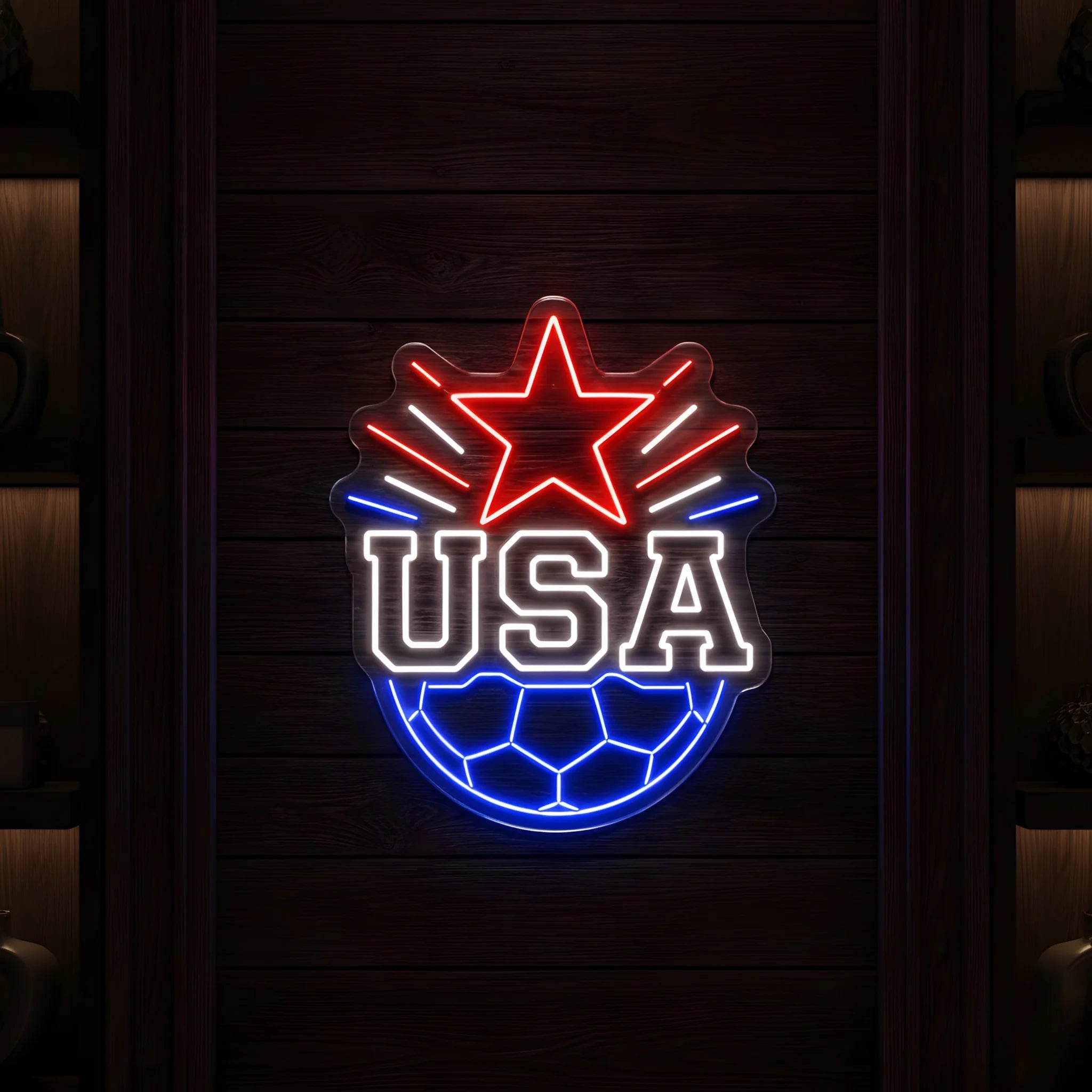 USA star soccer ball LED neon sign with patriotic red white and blue illumination