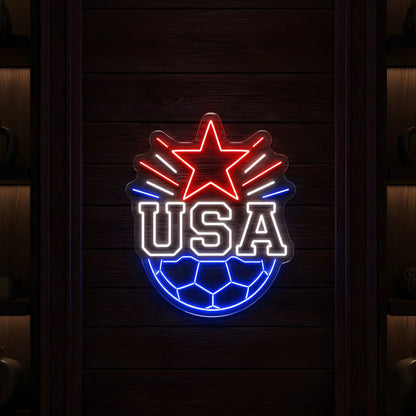 USA star soccer ball LED neon sign with patriotic red white and blue illumination