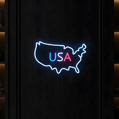 Modern USA outline LED neon sign featuring illuminated American map and colorful USA lettering