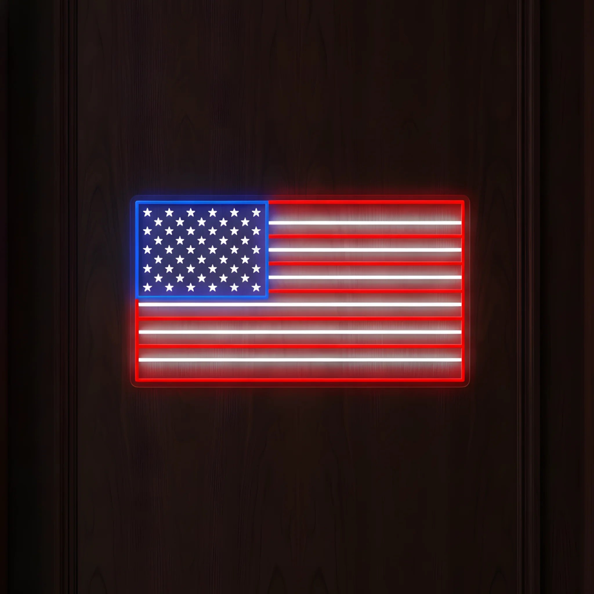 USA flag LED neon sign featuring illuminated Stars and Stripes design in patriotic colors.
