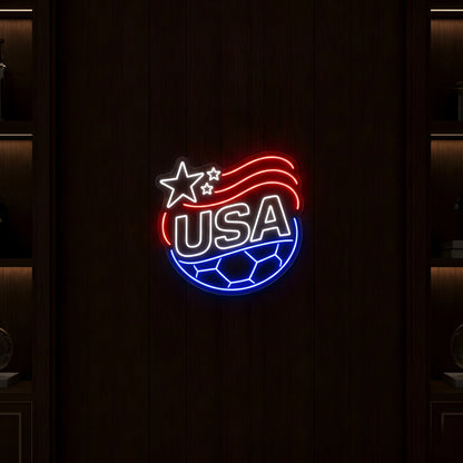 USA football crest LED neon sign featuring patriotic star banner and football design in red white and blue