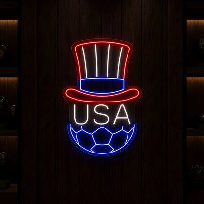 USA Uncle Sam football LED neon sign featuring patriotic top hat and football design in red white and blue