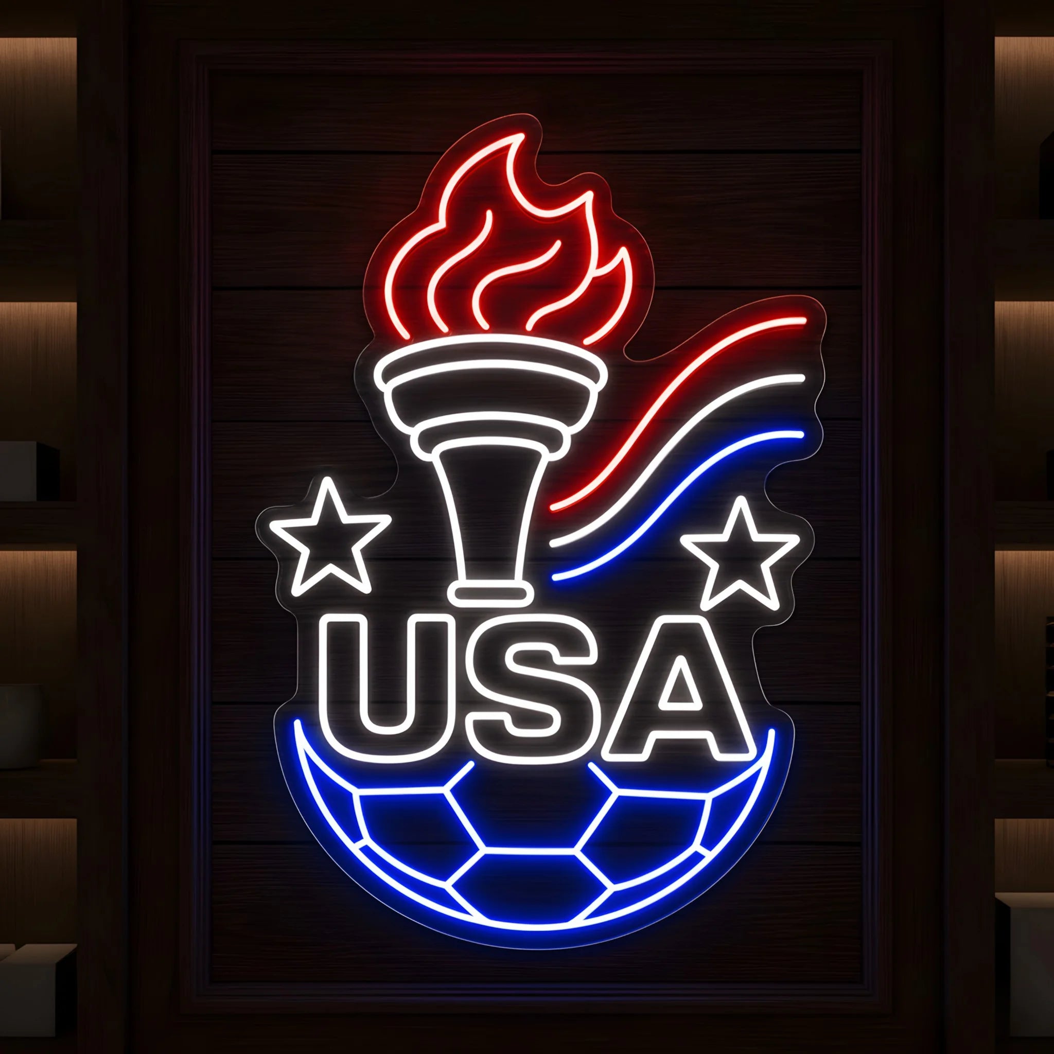 USA Torch LED neon sign featuring patriotic torch stars and football design in red white and blue