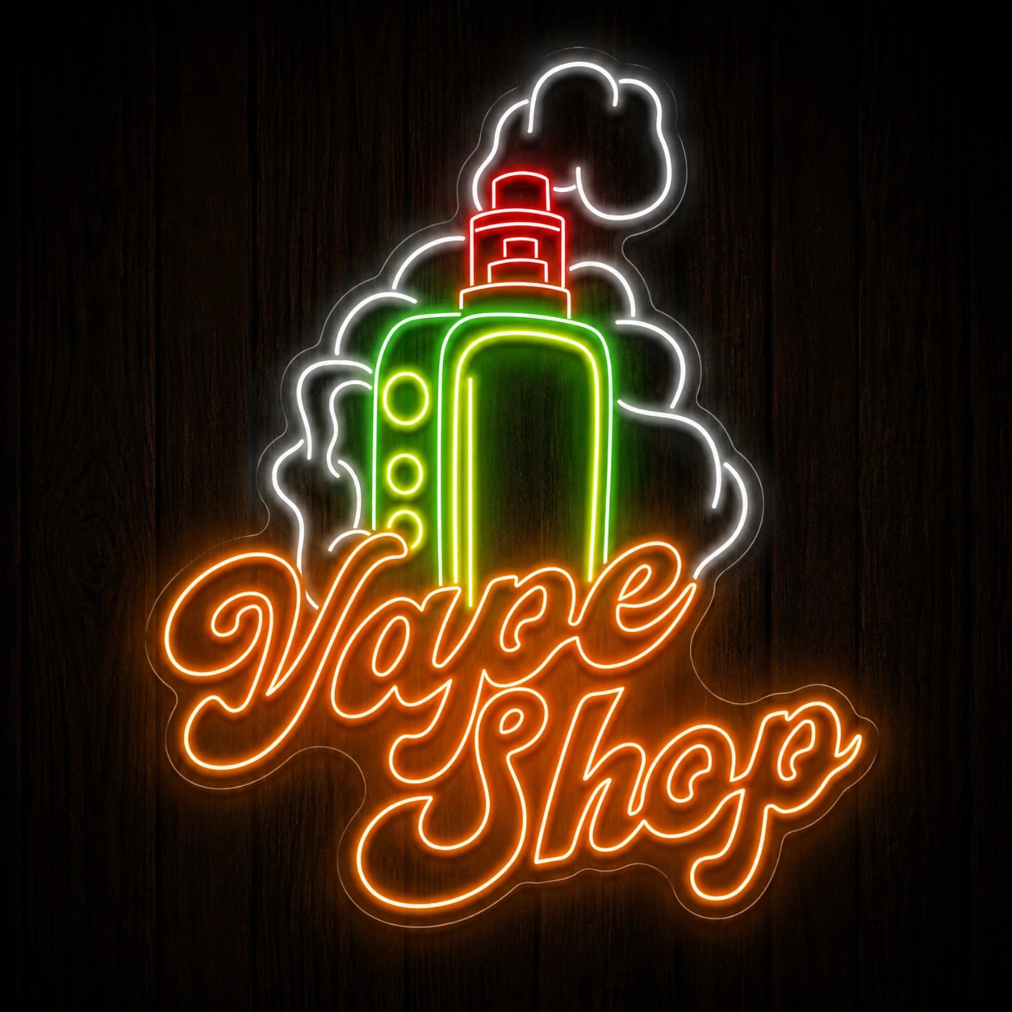 Vintage Vape Shop LED neon sign featuring a retro vape device surrounded by vapor clouds with classic script lettering mounted on a precision-cut clear acrylic backing.