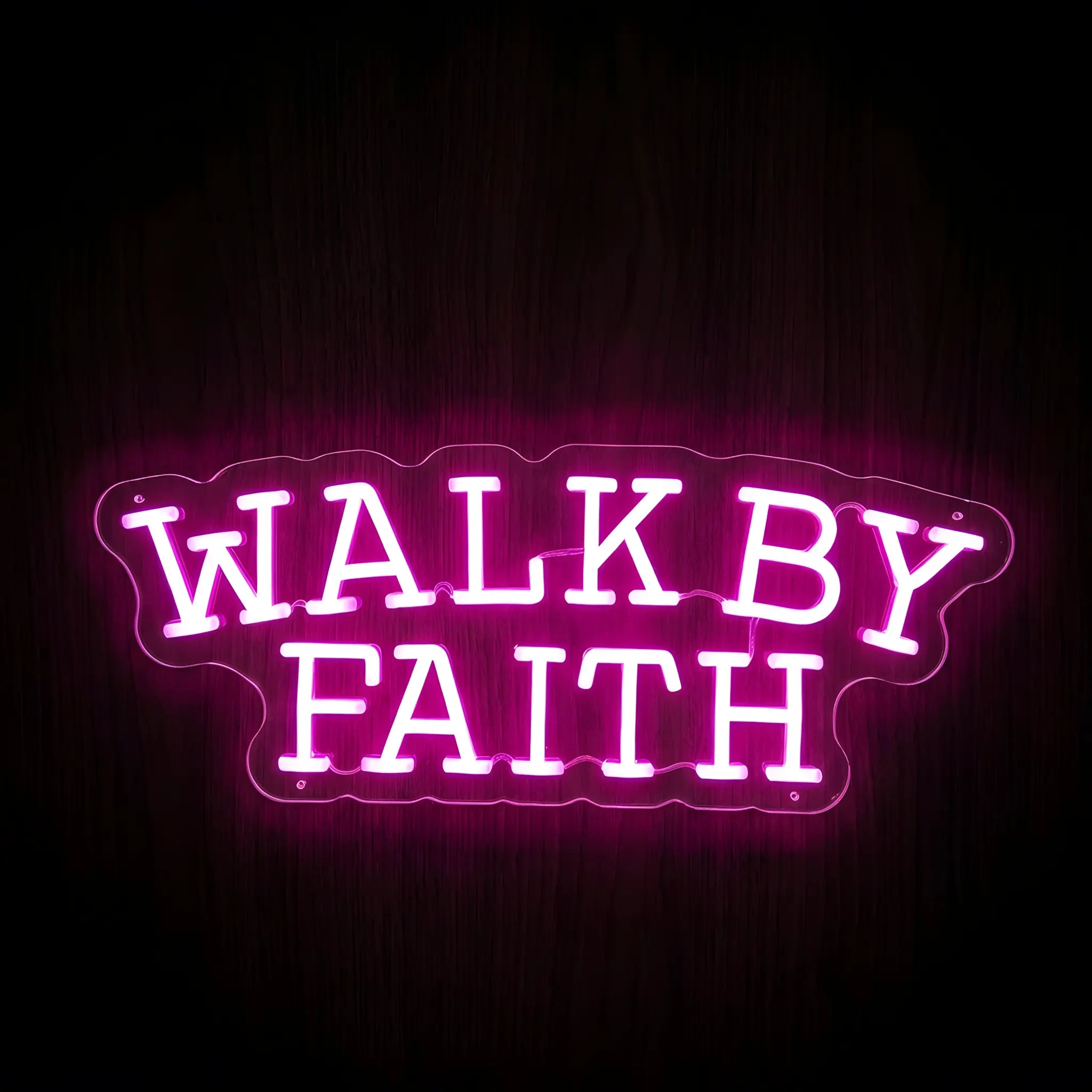 Walk By Faith LED neon sign with bright pink illumination on precision-cut acrylic backing, Christian wall decor featuring an inspirational faith message.