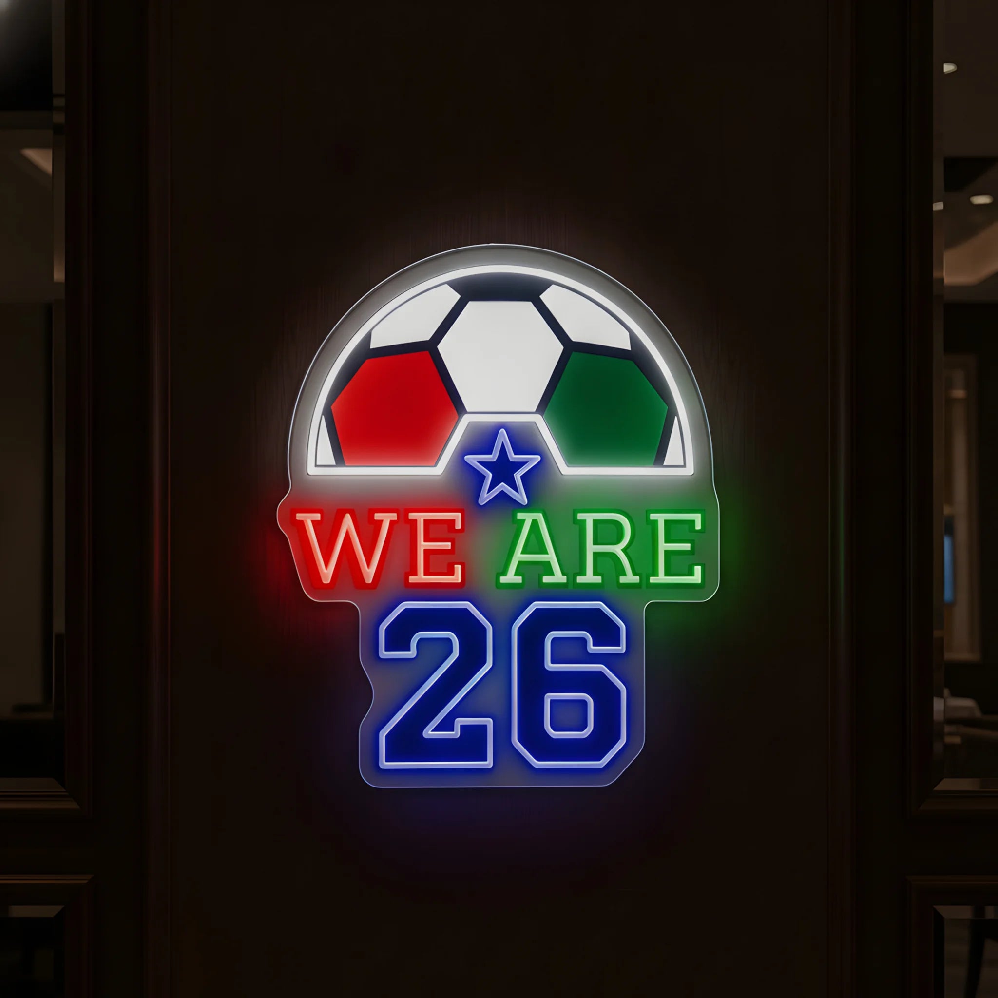 We Are 26 LED neon sign featuring football artwork and colorful illuminated lettering
