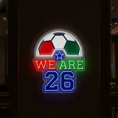 We Are 26 LED neon sign featuring football artwork and colorful illuminated lettering