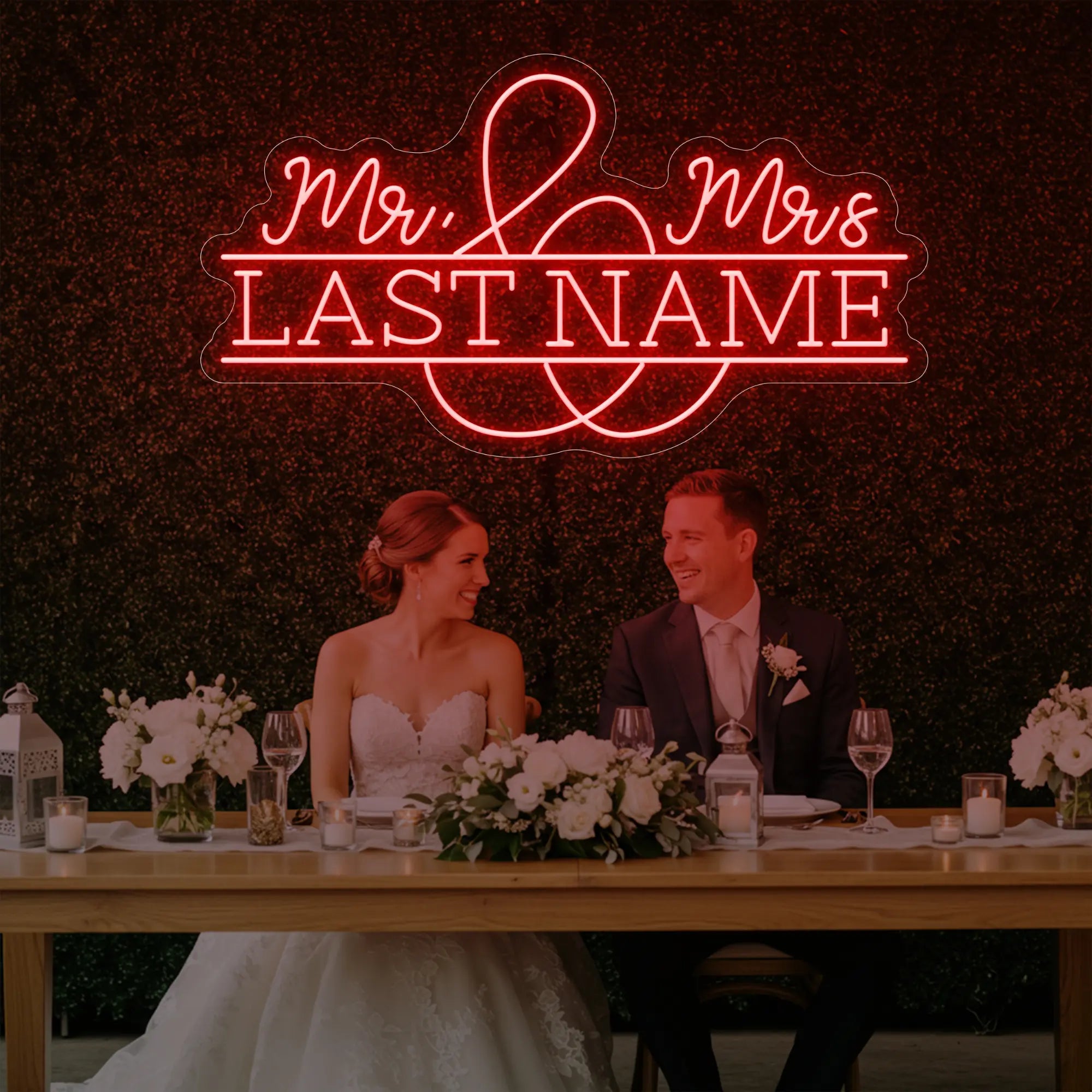 Photo of the 'Wedding Last Names Custom Neon Sign V6' neon sign glowing in red against a styled interior wall.