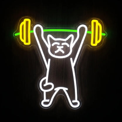 Weightlifting Cat LED Neon Sign featuring a white cat lifting a barbell with yellow weights and a green bar.