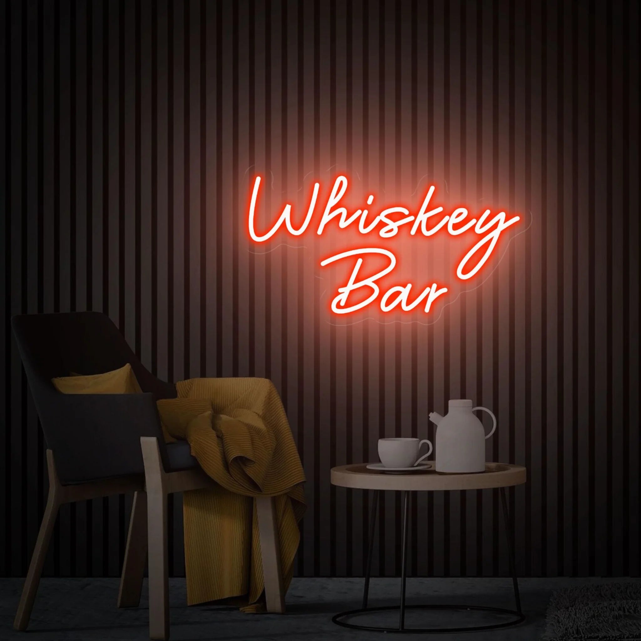 Photo of the 'Whiskey Bar' neon sign glowing in red against a vintage whiskey bar-inspired wall.