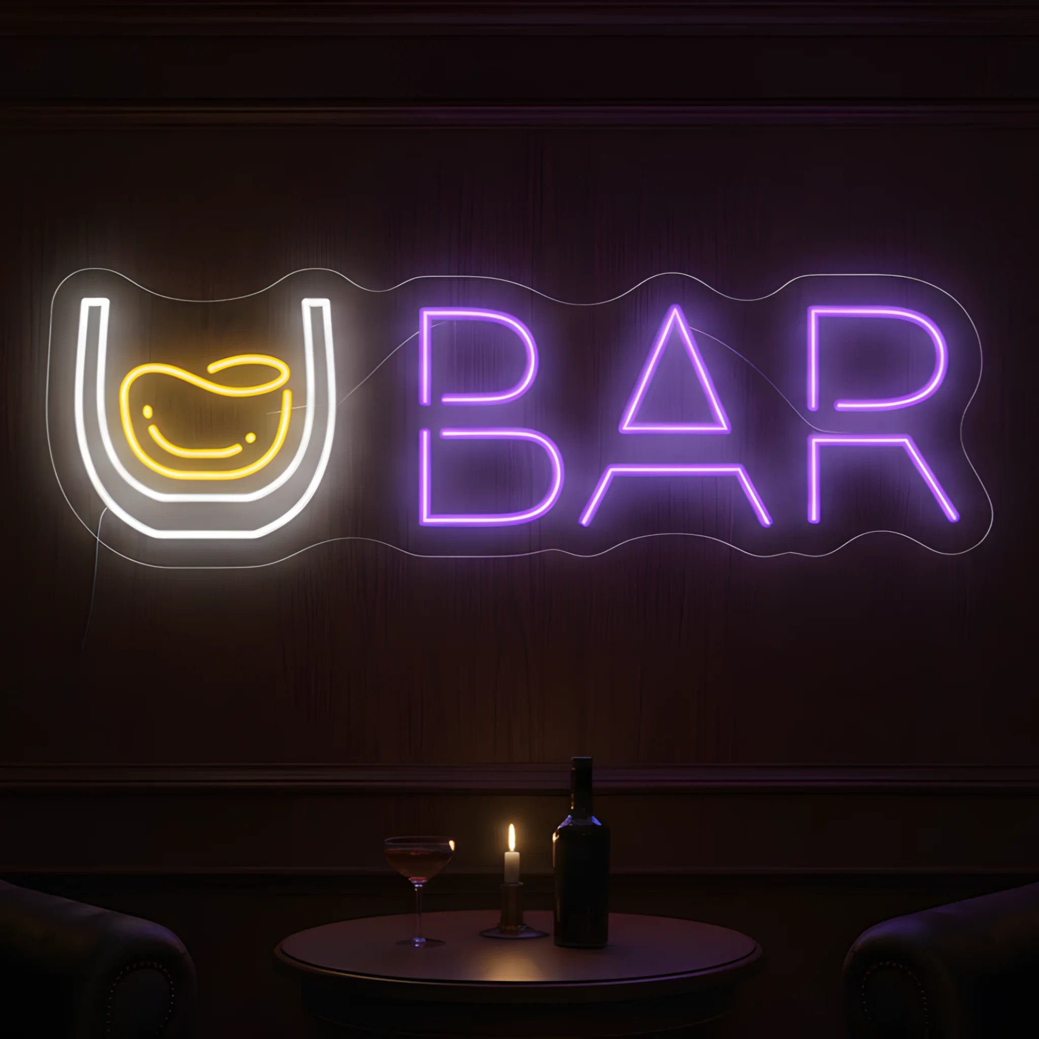 Photo of the 'Whiskey Bar Version 2' neon sign glowing in multi-color against a premium whiskey bar-inspired wall.