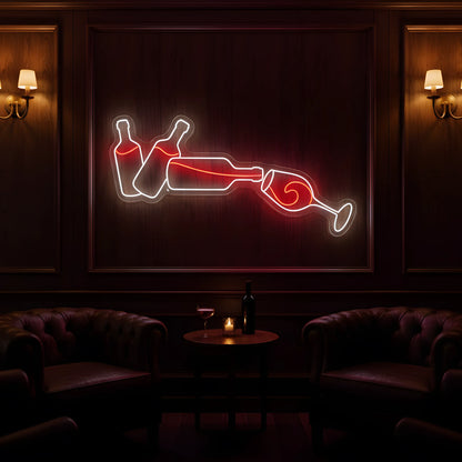 Photo of the 'Wine and Glass Version 1' neon sign glowing in multi-color against a cozy wine bar-inspired wall.