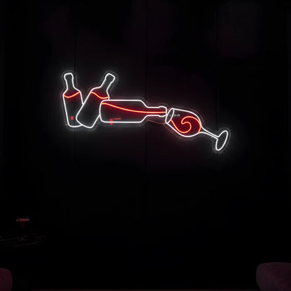 Photo of the 'Wine and Glass Version 1' neon sign glowing in multi-color against a cozy wine bar-inspired wall.