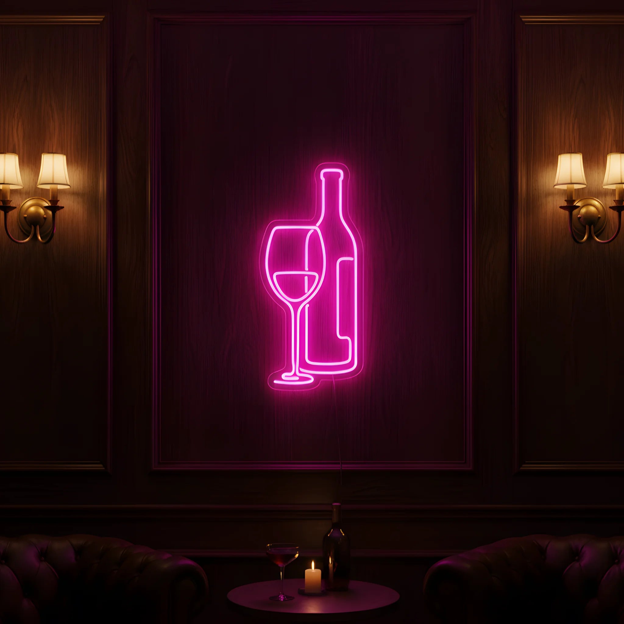 Photo of the 'Wine and Glass Version 1' neon sign glowing in pink against a stylish wine bar-inspired wall.