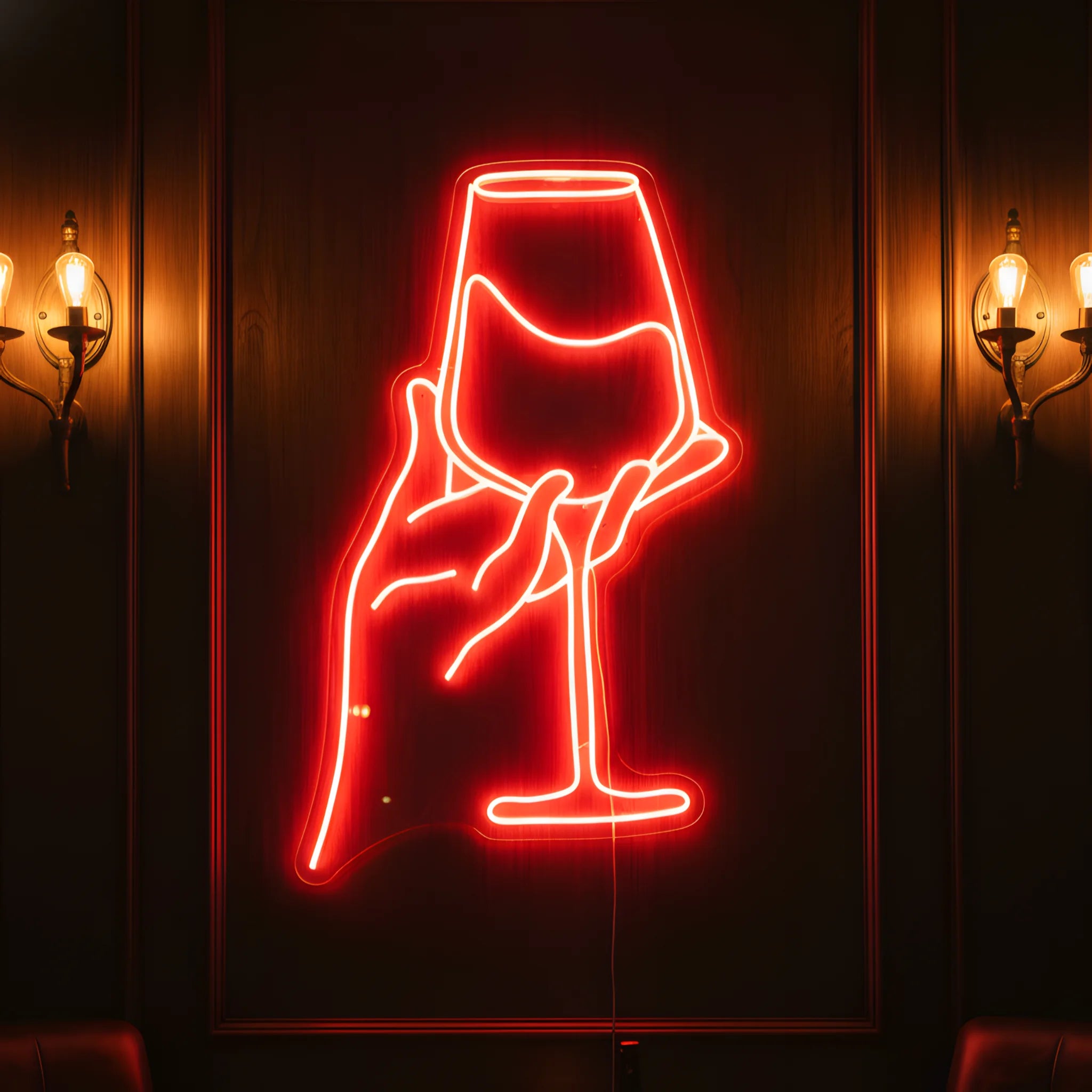 Photo of the 'Wine in Hand Version 3' neon sign glowing in red against a stylish wine lounge-inspired wall.