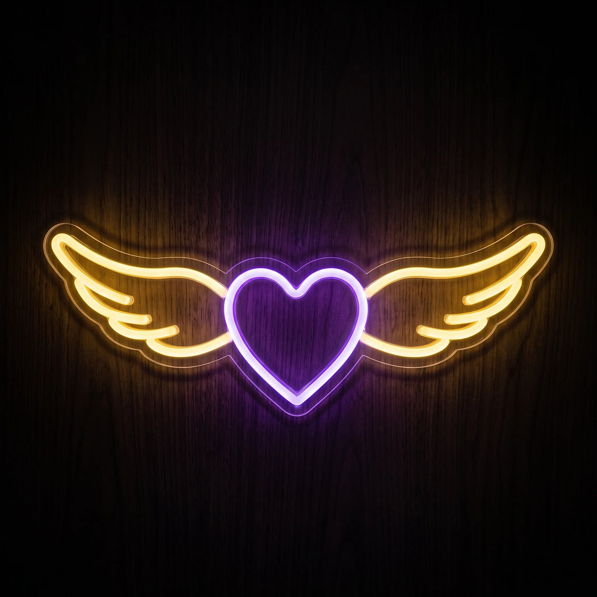 Winged Heart LED Neon Sign featuring a glowing purple heart with warm yellow wings on clear acrylic backing.
