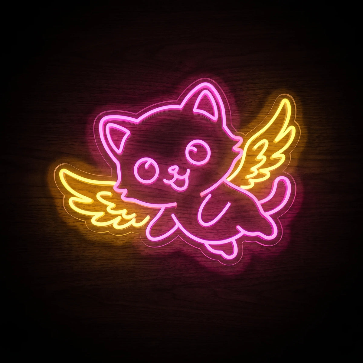 Winged Kitten LED neon sign featuring a cute pink flying kitten with bright yellow wings.