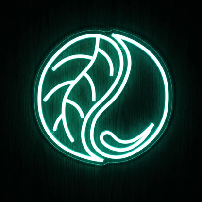 Yin Yang Leaf LED neon sign featuring a glowing green botanical leaf design in a circular yin yang inspired shape.
